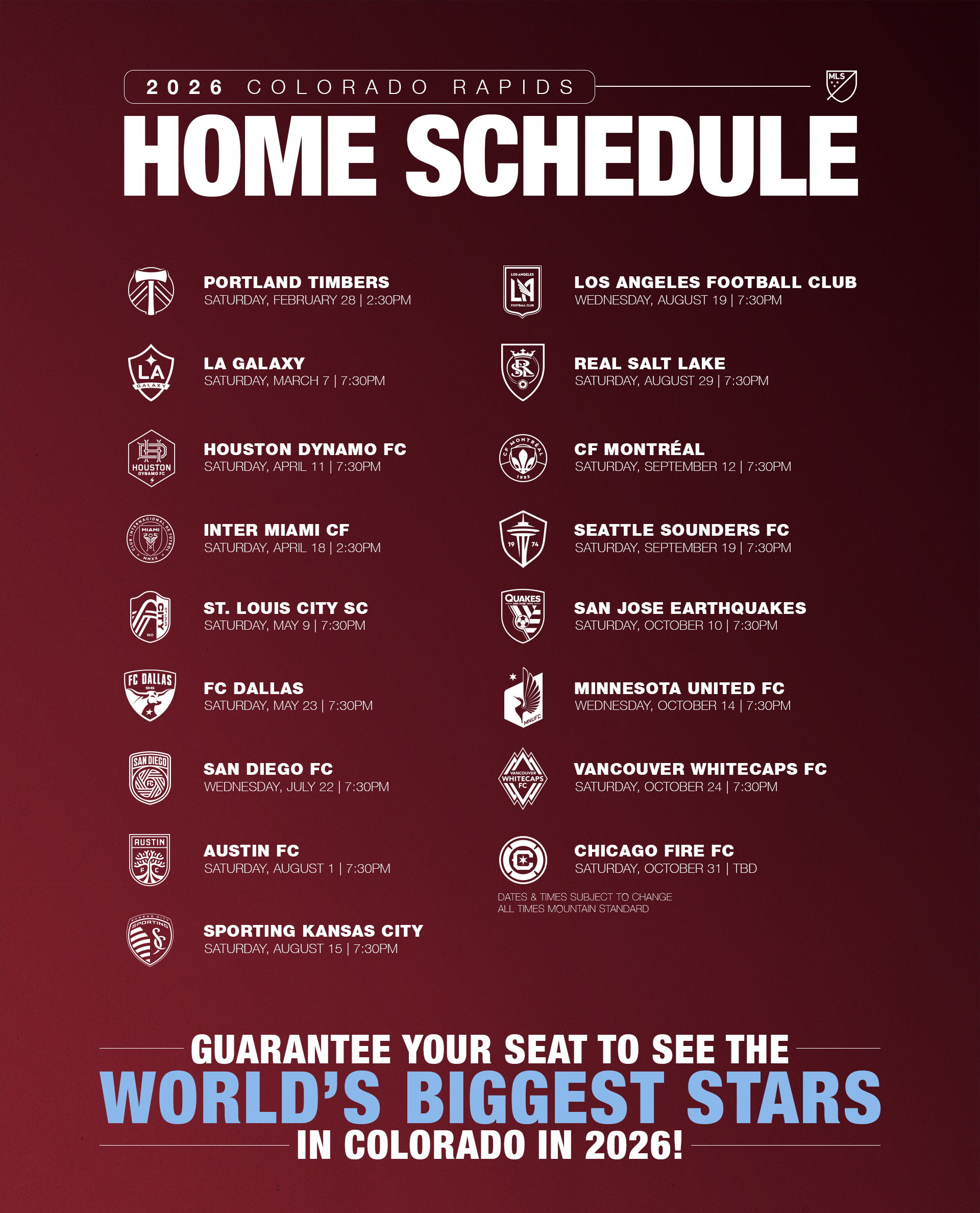Colorado Rapids 2026 Home Schedule